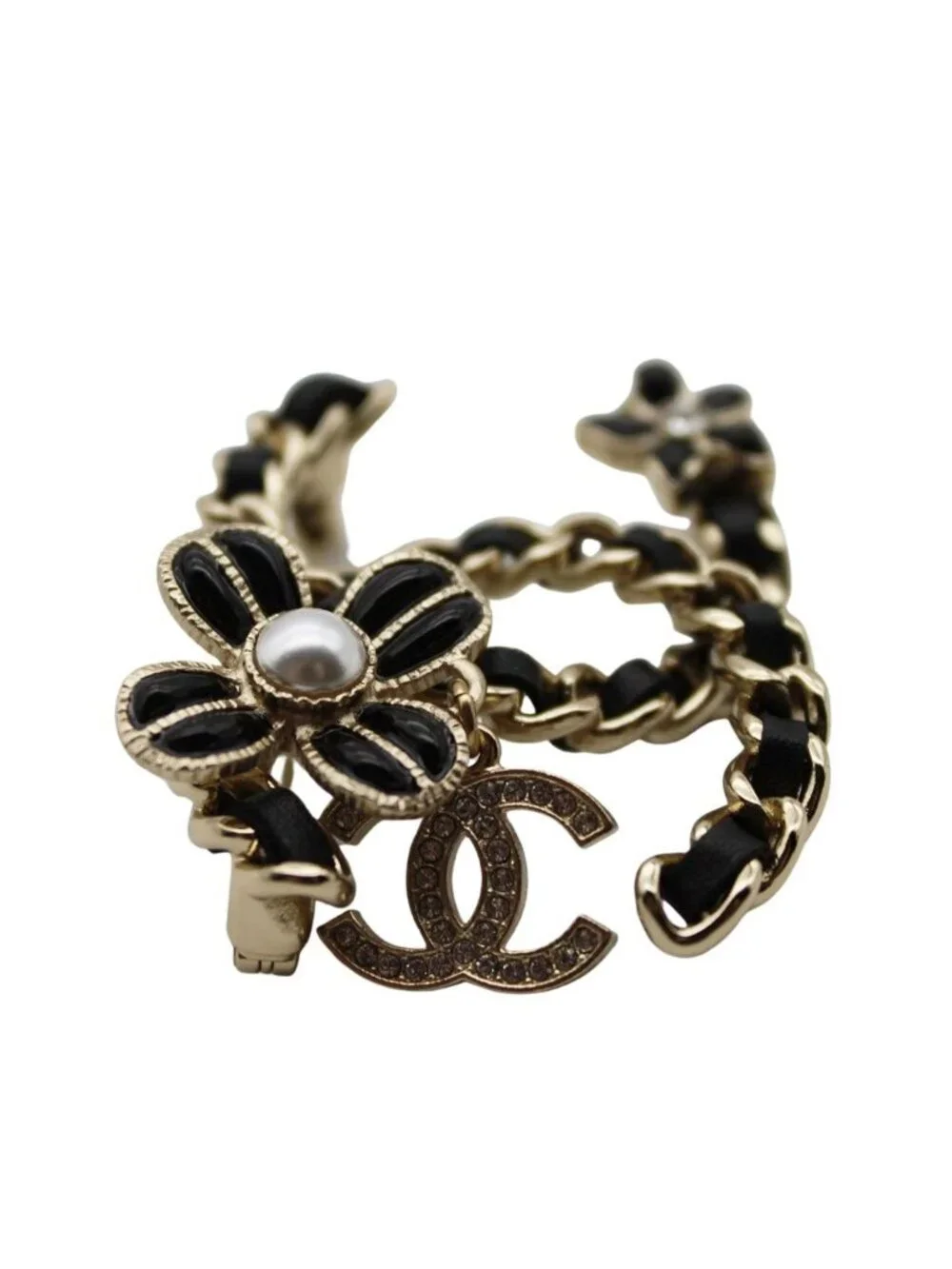 Chanel Brooch Metal Rhinestone CC Logo Black Gold Pearl Flower